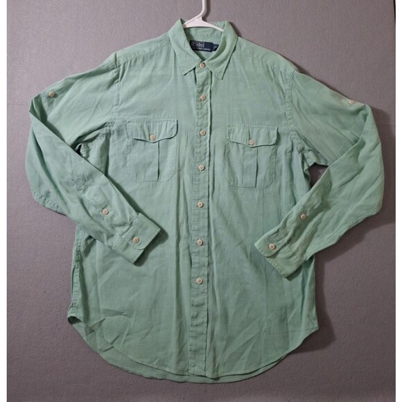 Vintage Polo Ralph Lauren Linen Blend Shirt Men Large Green Seafoam  Roll Tab - Picture 1 of 10